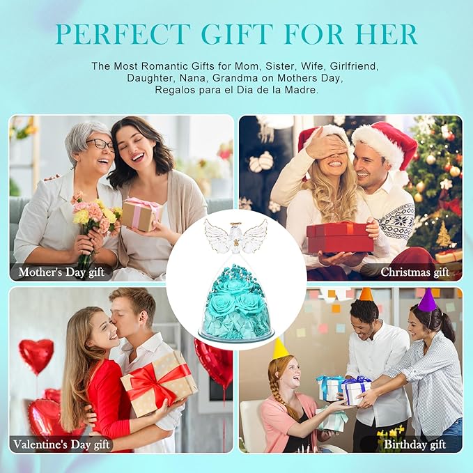 Preserved Flower Rose Gifts for Women, Forever Eternal Fresh Flowers in Glass Angel Figurines Flowers for Delivery Prime for Grandma Mom Sister Her Wife on Mothers Day Birthday Christmas Thanksgiving
