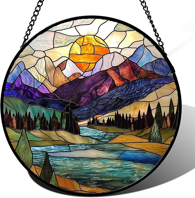 Stained Glass Window Hanging, Blue Lake Golden Sun Abstract Mountains Landscape Suncatcher for Doors Window Home Sun Catchers Decor Mother's Day Birthday Gifts for Women Men Mom 15 in