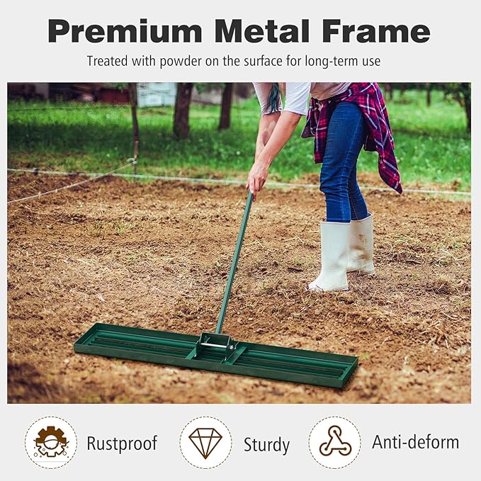 46" x 10" Lawn Leveling Rake, Heavy Duty Landscape Rake with 67" Handle, Non-Slip Grip & Flat Head, Space-Saving Lawn Level Tool for Garden, Backyard, Golf Course & Sports Field(Green)