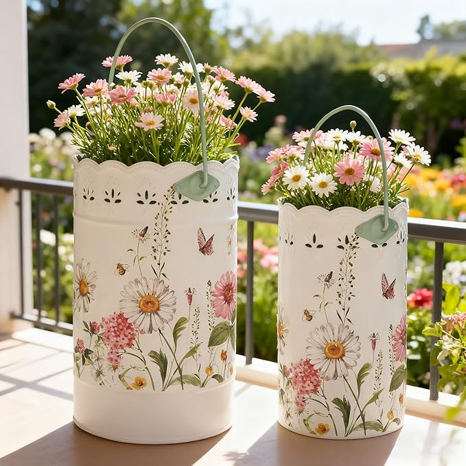 Set of 2 Vintage White Metal Flower Pots, Decorative Floral Buckets Distressed Iron Vases Farmhouse Planters for Dried Flowers, Faux Plants, Home Garden Decor (Flower)