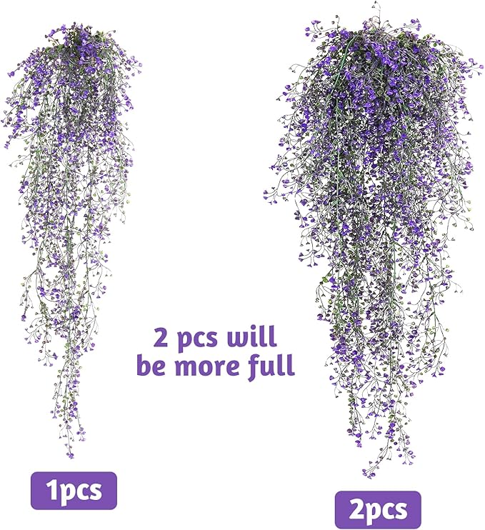 RECUTMS Artificial Vine Plants 2 Pack Fake Hanging Flower Plants Faux Ivy Vine Leaves Plastic Baby Breath Greenery UV Resistant for Home Bedroom Wall Porch Garden Wedding Decor (Purple)