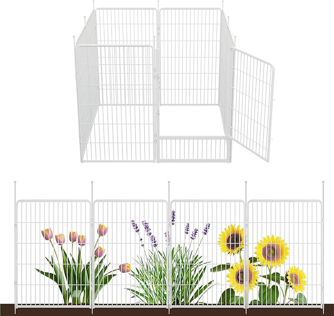 SunsGrove Tall Garden Fence with Gate, 45 in(H) x 17.8 ft(L) 8 Panels Heavy Duty Metal Animal Barrier Fence for Yard, Suitable for Indoor or Outdoor Dog Pet Fence, Garden Fence Border, White