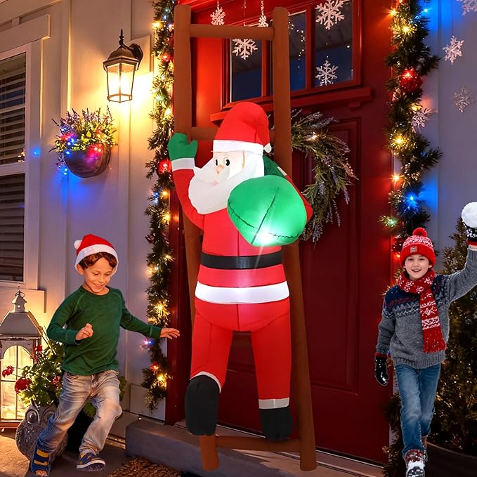 8FT Santa Claus Climbing on Ladder Christmas Decoration with Built-in LED Lights, Christmas Outdoor Inflatable Decoration for Lawn, Yard, Garden, Patio