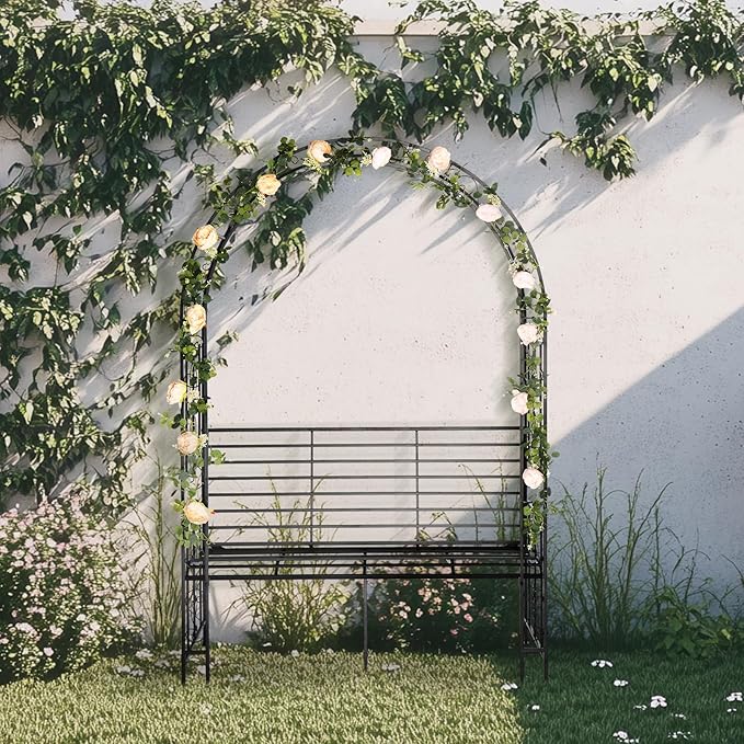Garden Arbor with Garden Bench, 7FT Wedding Arches for Ceremony, Metal Arbor Trellis for Climbing Plants Outdoor, Black Garden Archway for Lawn, Patio and Backyard