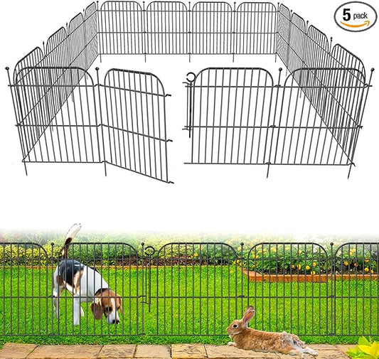 5 Panels No Dig Decorative Outdoor Garden Fence with Gate, 24 in(H) x 10 ft(L) Rustproof Metal Wire Panel Border for Yard & Patio Decor, Temporary Animal Barrier Fencing for Dog and Small Pets