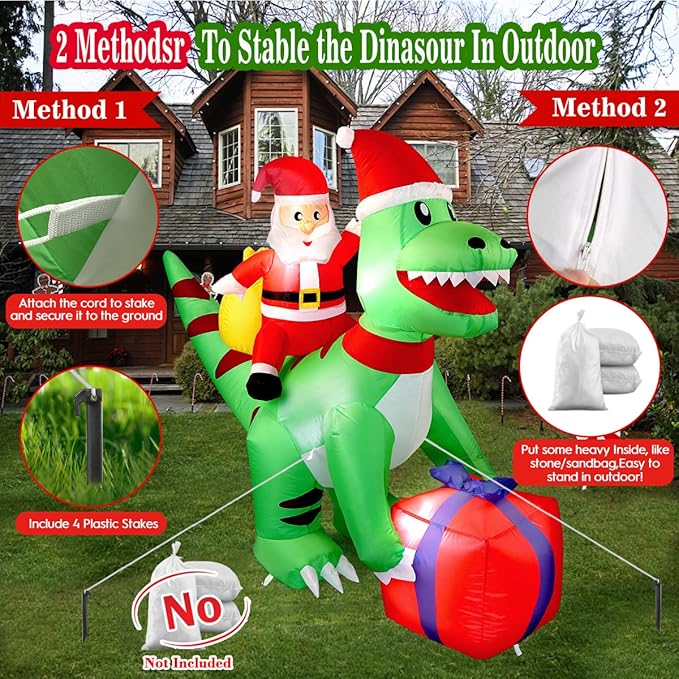 5 Ft Christmas Inflatable Dinosaur with Santa, LED Lights, Indoor Outdoor Holiday Yard Decor, Green T-Rex with Gift Box