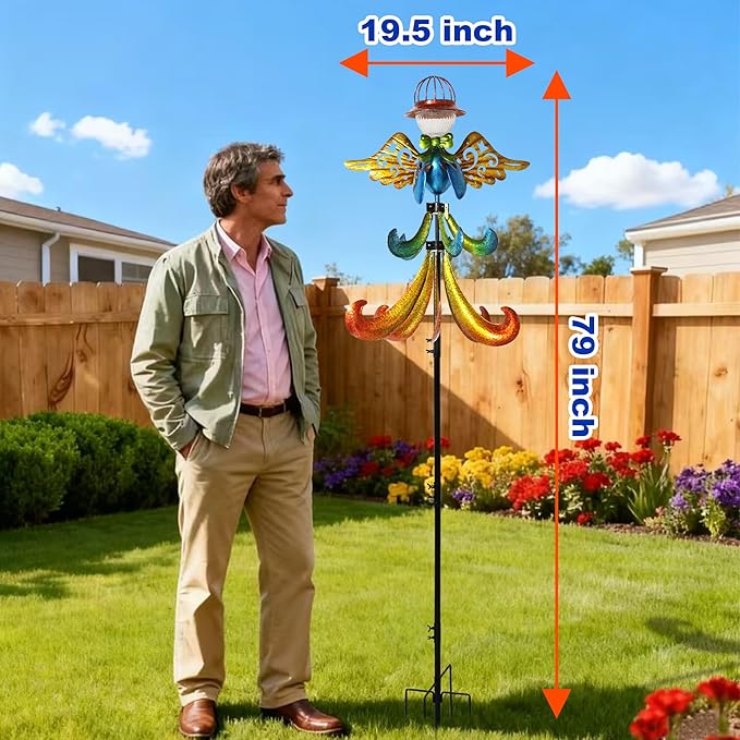 Large Outdoor Wind Spinner with Solar LED Light, Metal Angel Wind Garden Wind Turbine Stake, Weather-Resistant Decorative Solar-Powered Yard Art for Lawn, Patio & Garden