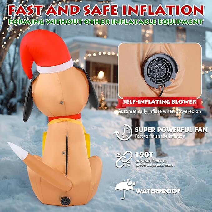 Christmas Inflatable Outdoor Decorations, 4FT Inflatables Cute Dog Yard Decorations Decor with 2 LED Lights, Blow up Santa Puppy Holiday Decor for Indoor Outside Lawn Garden