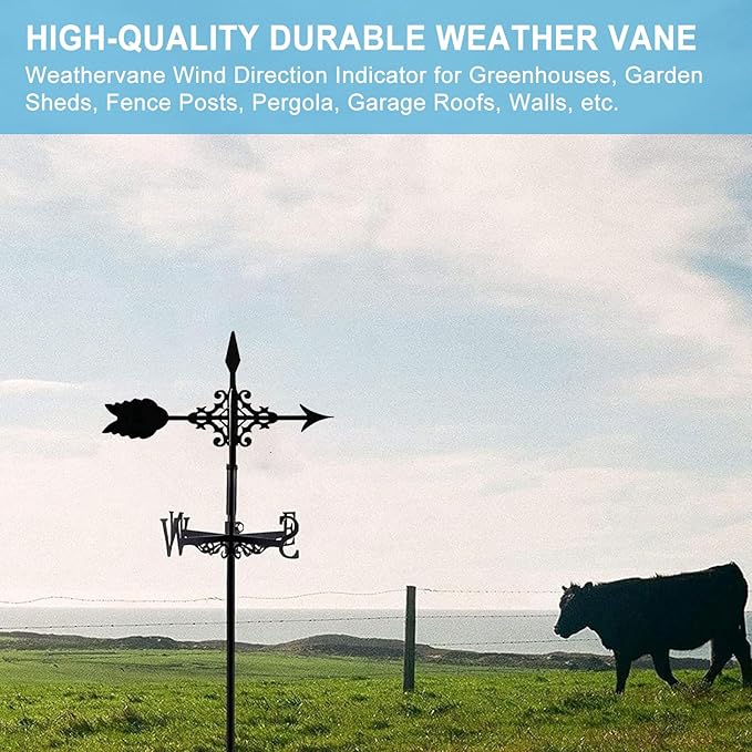 Metal Weather Vane Black Wind Vanes Indicator Wind Measuring Tool Weathervane Roof Mount for Gardens Outside Farmhouse Farm Barn Sheds Patio Decorations