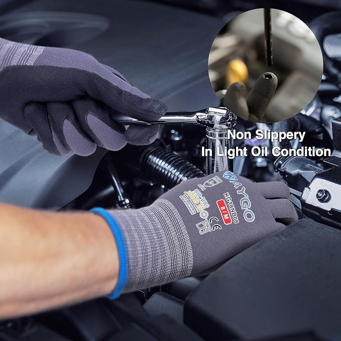 KAYGO Safety Work Gloves MicroFoam Nitrile Coated, 12 Pairs KG18NB,Seamless Knit Nylon Glove for Men and Women, Ideal for Automotive,Warehouse,Construction (X-Large,Gray)