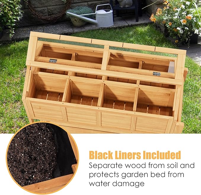 Raised Garden Beds Outdoor, Elevated Planter Box Cart On Lockable Wheels with Legs, Bed Liner,Storage Shelf,Seed Starter Tray for Backyard Patio Gardener Winter Outside (Minimalist Style)