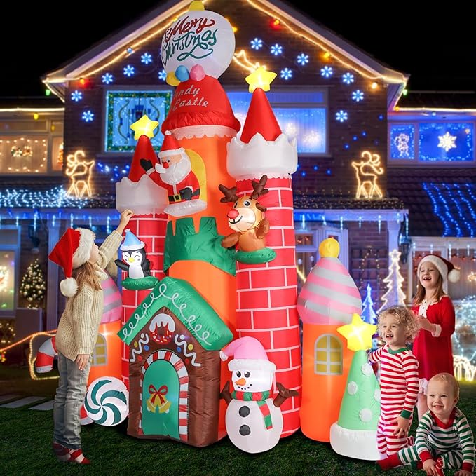 Taman 9.6 FT Christmas Inflatable Decorations Christmas Castle, Outdoor Yard Decorations Built-in Bright RGB Projector Light Blow Up for Yard, Garden,Lawn Outdoor Holiday Yard Decorations