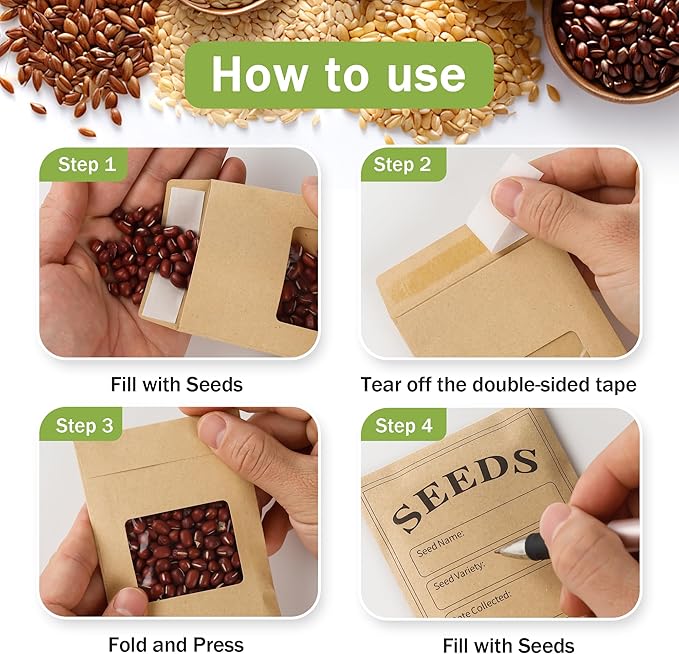 100 PCS Seed Packets Clear Envelopes, Self Sealing Kraft Bags 3.15”x 4.72”, Seed Storage Organizer Mini Envelopes with Preprinted Collecting Template for Flower Vegetable Seed Collection(A style)