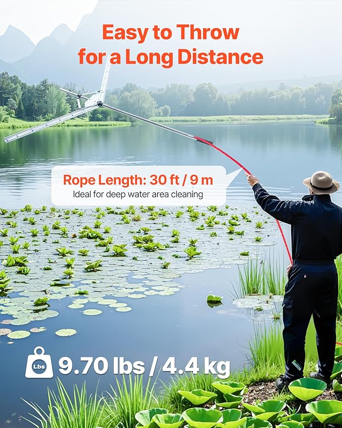 VEVOR Lake Weed Cutter, Pond Aquatic Plant Cutting Tool with 62 in Max. Cut Width, Sharp and Heavy-Duty Steel Blades, Pond Rake with 30 ft Throw Rope, for Cattail, Phragmites, Lilly Pads & Chara