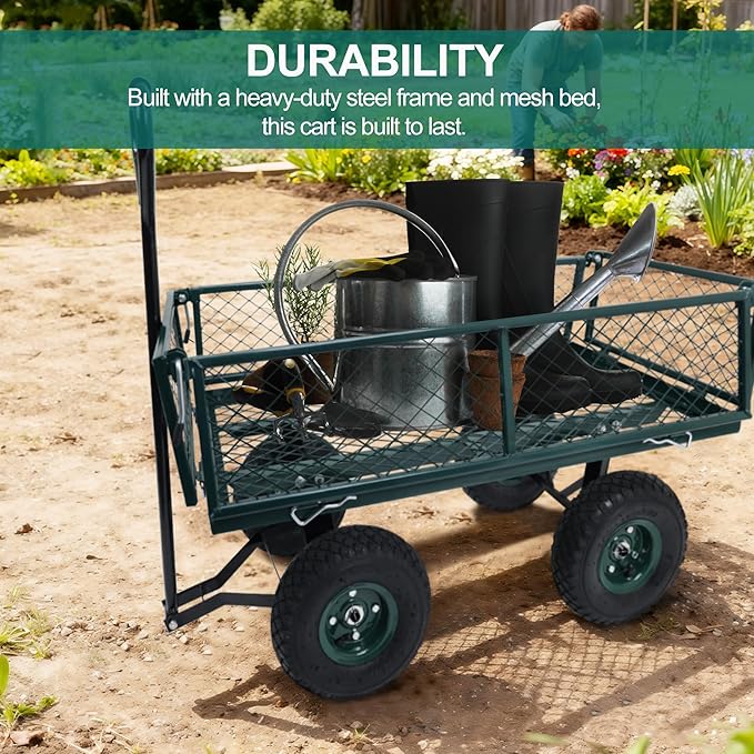 Elevon Utility Wagon Cart, Green | 10" Wheels & Removable Sides for Easy Yard Cleanup, Gardening, and Grocery Shopping