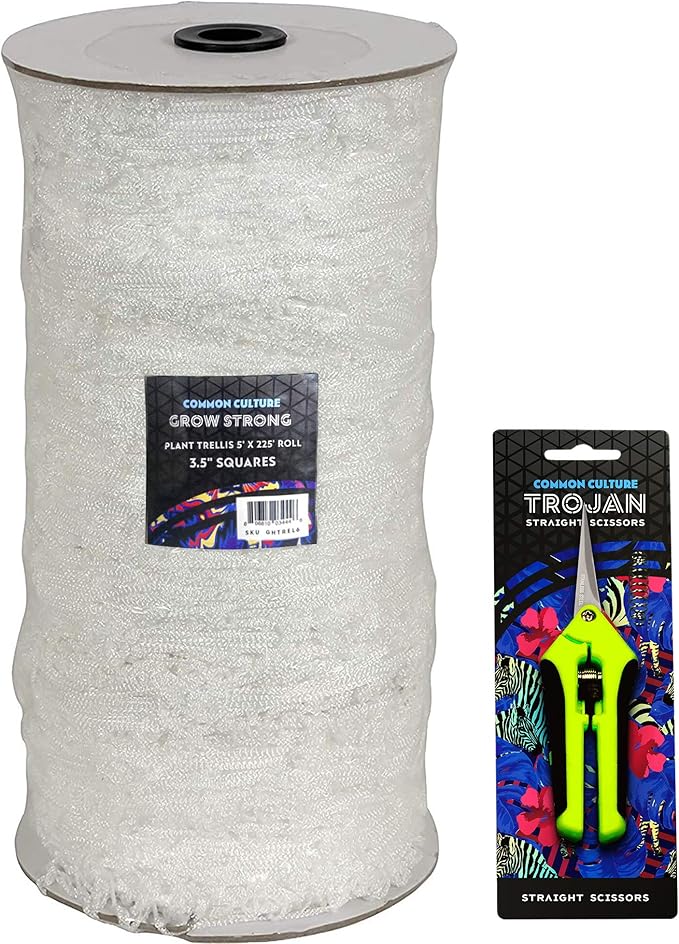 COMMON CULTURE Grow Strong Soft Mesh Nylon Trellis Netting Bulk Roll, 3.5 Inch Squares (9 cm), 5 ft x 225 ft (152 cm x 68 m) Long Heavy-Duty Garden Netting for Plants with Trimming Scissors