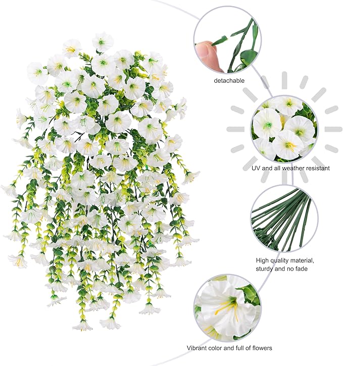 Ivydale 2 PCS Artificial Hanging Flowers Fake Plants for Winter Christmas Outdoor,Faux Silk White Morning Glory with Eucalyptus UV Resistant Realistic Hanging Petunias Vines for Home Garden Decor
