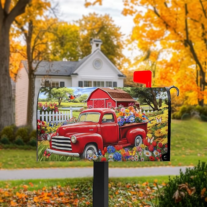 Red Truck Mailbox Cover Summer Mailbox Covers Magnetic Colorful Floral Mail Box Cover Standard Size 21x18 inch Decorations for Outside Garden Farmhouse Spring Butterfly