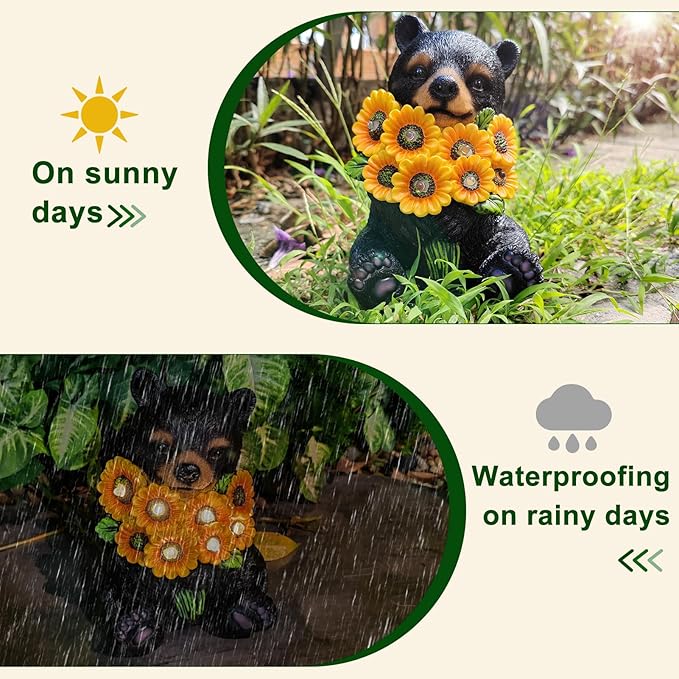 Solar Garden Decor Black Bear Outdoor Statue, Outdoor Patio Sculpture Decor LED Lights Gifts for Mom or Daughter, Garden Statues Birthday Gifts for Women Home and Yard
