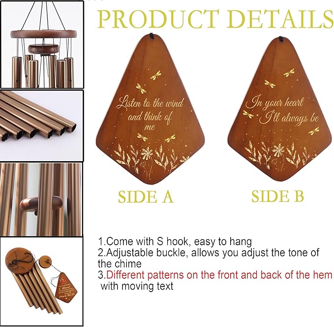 Memorial Sympathy Wind Chimes for Outside, Dragonfly Wind Chimes for Loss of Loved One Mother Father, Bereavement/Condolence/Funerary/Remembrance Gift Idea,32inch Wooden,Brown