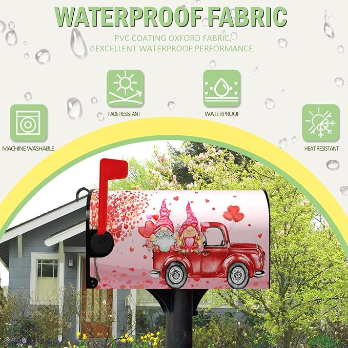 Valentine’s Day Mailbox Cover 18x21 Inch Magnetic Pink Gnomes in Red Truck with Heart Balloons and Love Tree Romantic Mailbox Wrap for Outdoor Yard Decor Waterproof Durable Mailbox Covers