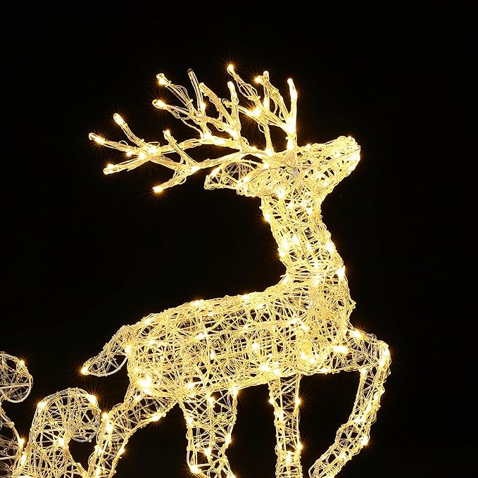LuxenHome Lighted Reindeer Christmas Outdoor Yard Decorations, Prelit Reindeer and Sleigh Indoor & Outdoor Christmas Decor with 250 LED Lights, Xmas Decorations for Front Porch, Lawn, Garden Display