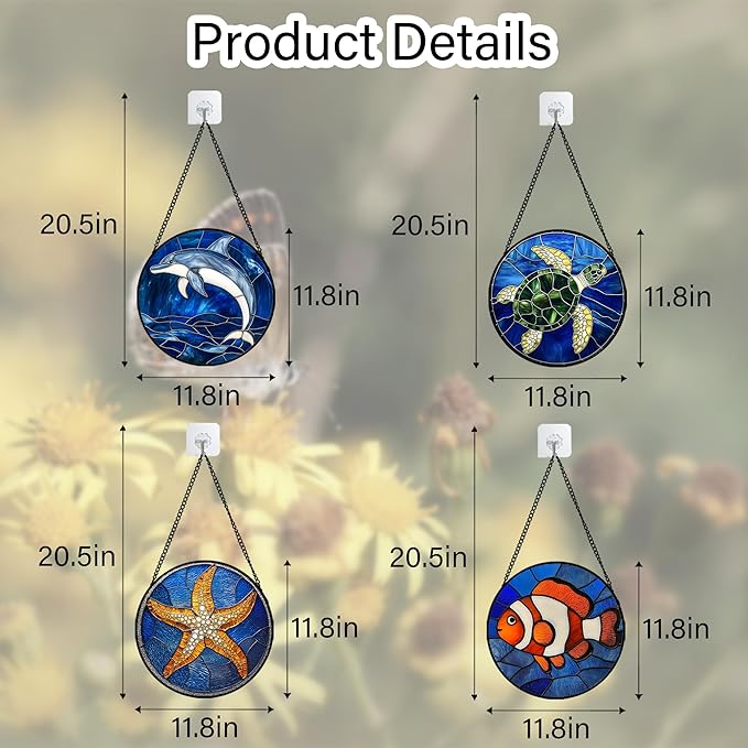 Stained Glass Window Hanging 4 Pcs Set Blue Ocean Turtle Dolphin Large 11.8" - Marine Life Suncatcher Garden Sun Catcher Decor Birthday Mother's Day for Mom Woman Nana Men