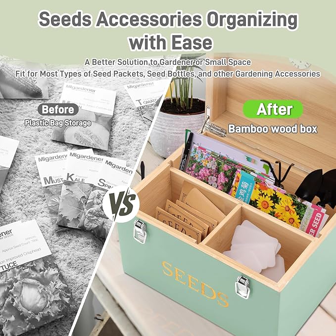 Professional-Designed Bamboo Seed Storage Box with Built-in Hygrometer, Double-Layer Airtight Lid and Safety Lock, Temperature-Stable Wooden Seed Organizer for Preservation, Great Gifts for Gardener