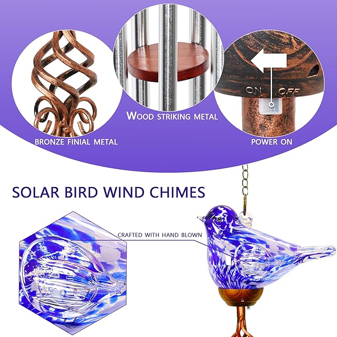 Wind Chimes, Solar Glass Bird Shape, LED, Outdoor Lawn and Patio Glass and Metal Decoration, 7 x 4 x 44 Inches (Dark Blue)