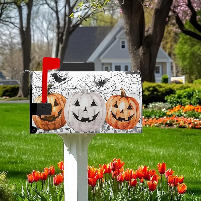 Halloween Pumpkin Mailbox Covers Bat Spider Web Mail Box Cover Magnetic Standard Size 21x18 inch Fall Autumn Post Letter Box Cover Outdoor Decor for Garden Eucalyptus Leaf