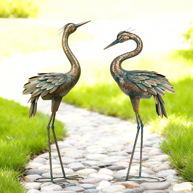 Shorayn Metal Crane Garden Statue, Garden Sculptures & Statues, Bronze Crane Ornaments Yard Art for Backyard Patio Lawn Decorations