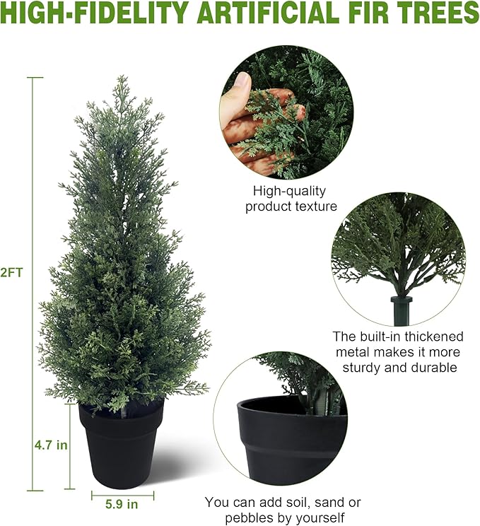 Two 2FT Tall Artificial Evergreen Trees, Beautiful and Realistic Human-Potted False Cypress, an Evergreen Plant for Home Porch Decoration,suitable for interior, office, living room and room decoration