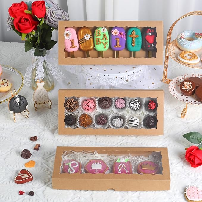 15pcs 12x5x1.5 Inch Borwn Cookies Boxes with Window Bakery Boxes Macaron Boxes Cakesickle Boxes Chocolate Truffle Boxes Donut Treat Boxes for Christmas Valentine's Easter Mother's Day