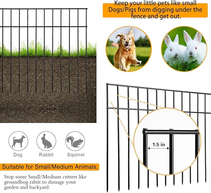 Adavin Small or Medium Animal Barrier Fence 10 Pack 24 in(L) X 15 in(H) Underground Decorative Garden Fencing, Dog Rabbits Fences Black Metal Fence Panel Ground Stakes for Outdoor Patio. Total 20 Ft