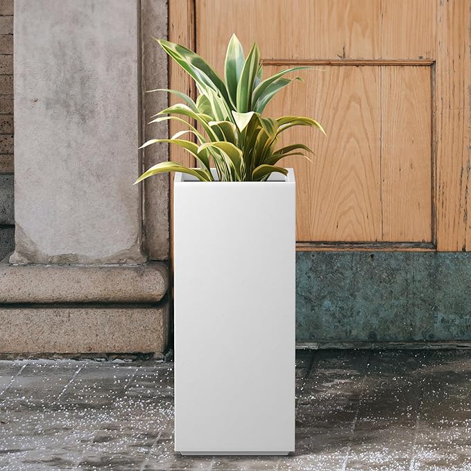 Kante 27.6" H Tall Rectangular Concrete Planter, Modern Square Diameter Plant Pot with Drainage Hole and Rubber Plug for Indoor Outdoor Home Patio Garden, Pure White