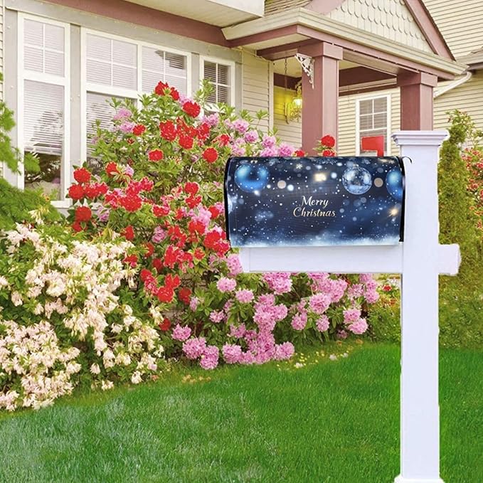 Festive Magnetic Mailbox Cover Christmas Blue Ball Pattern Outdoor Mailbox Protector Holiday Seasonal Decorative Garden Yard Home Standard Size 21 x 18 Inch