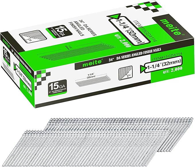 meite 15 Gauge Angled Finish Nails, 1-1/4-Inch 34 Degree Galvanized Finishing Nails for Nailer Guns - Perfect for Window Trim, Cabinet Building and Other DIY Projects (2,000 Counts)