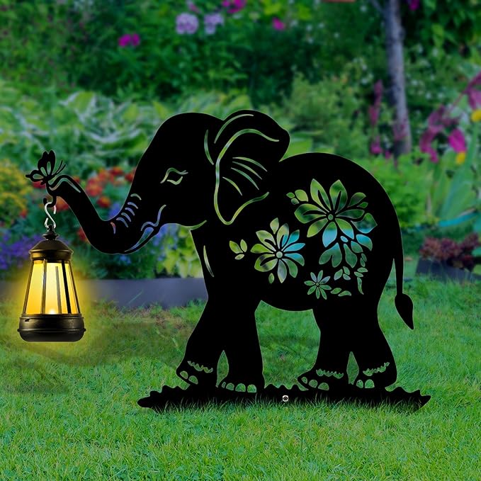 Elephant Solar Garden Stakes, Elephant Silhouette Decorative with Solar Lantern, Metal Garden Decor for Yard,Lawn,Pathway