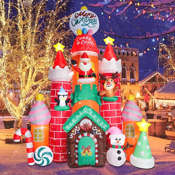 9.6 FT Christmas Inflatable Decorations, Inflatable Candy Castle with Santa, Snowman and Reindeer Blow Up Castle Yard Decorations Built-in LED Lights for Xmas Garden Lawn Patio Decor