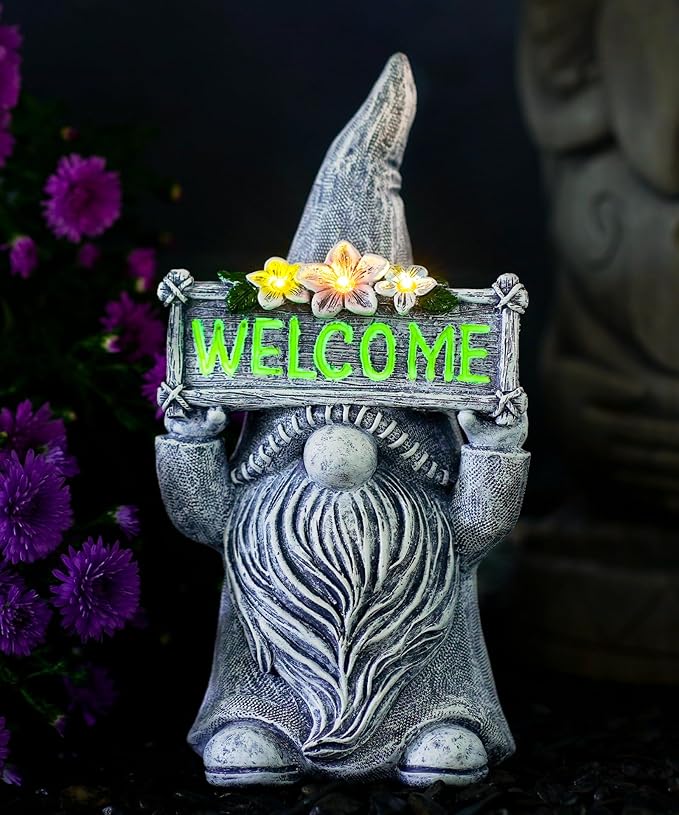 Nacome Solar Gnome Statue for Garden Decor: Outside Sculpture with Flower Welcome Sign Clearance for Yard Art Lawn Ornaments Porch Patio Balcony - Birthday Gifts for Grandma Mom Women(Grey)