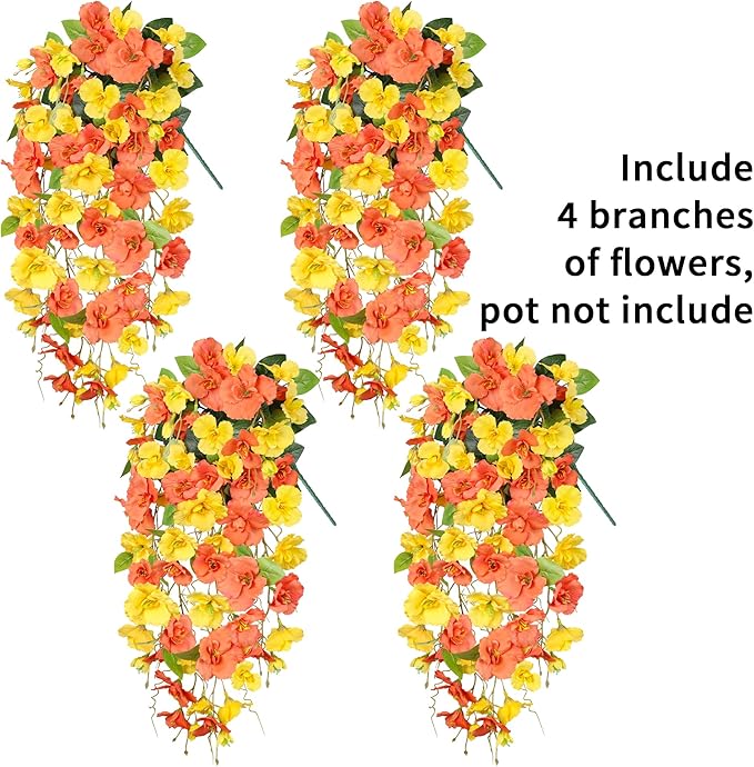 Artificial Hibiscus Fake Hanging Flowers Plants for Outdoors Fall Autumn Decoration, 4pcs Silk Hibiscus Trailing Vines UV Resistant Realistic Faux Flowers for Outside Front Door Porch Yard Indoor, Mix