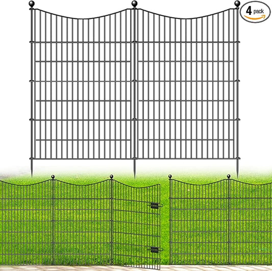 4 Panels Decorative Garden Fence with Gate, 48 in(H) X 10.5 ft(L) No Dig Dog Fence Animal Barrier Outdoor for Yard, Rustproof Metal Garden Edging and Borders, Temporary Fencing Stakes