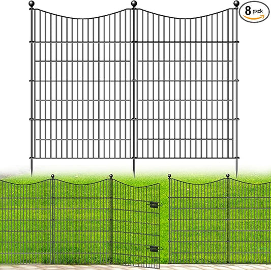 8 Panels Decorative Garden Fence with Gate, 48 in(H) X 21 ft(L) No Dig Dog Fence Animal Barrier Outdoor for Yard, Rustproof Metal Garden Edging and Borders, Temporary Fencing Stakes