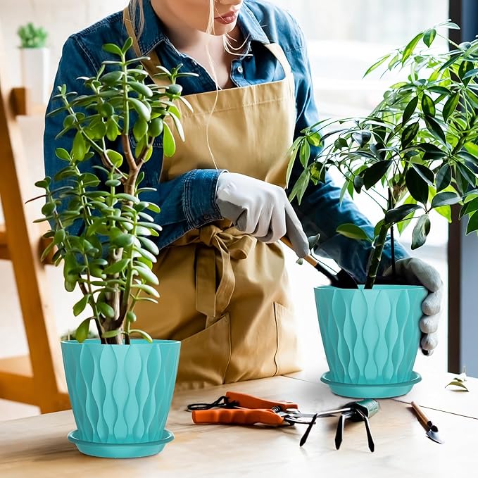 6 Inch Plant Pots with Saucers, 6 Pack Indoor Flower Pots, Planters with Drainage Holes for Orchids, Violets, Succulents, Herbs, and Other Plants, White (Black-Green, 6inch)