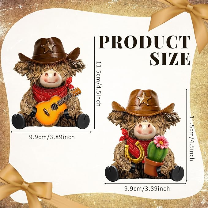 2 Pcs Highland Cow Figurines Decor Cowboy Gnomes with Western Cowboy Hat Resin Statue Calf Lovers Gifts for Farmhouse Home Garden Bathroom Kitchen Office Tiered Tray Table Decor