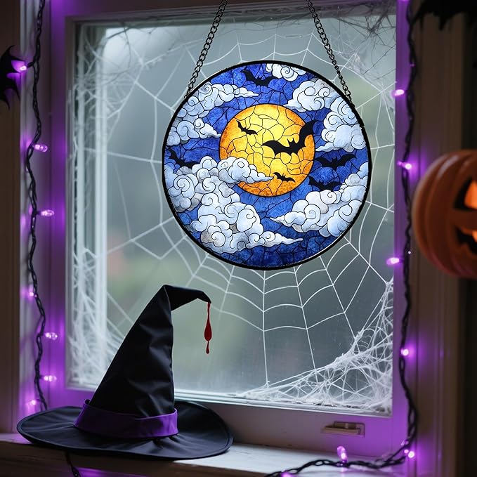 Stained Glass Window Hanging - Halloween Decorations Bats Moon Clouds Suncatcher for Doors Garden Indoor Spooky Funny Sun Catchers Gothic Decor Horror Gifts for Women Men Friend 6.3 in