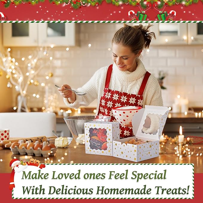 32Pcs 6x6x3 in Christmas Cookie Boxes with Window, White Bakery Boxes for Cookie, Treat Boxes Pastry Boxes for Gift Giving, Chocolate Covered Strawberries, Dessert, Donut, Cupcakes Muffins