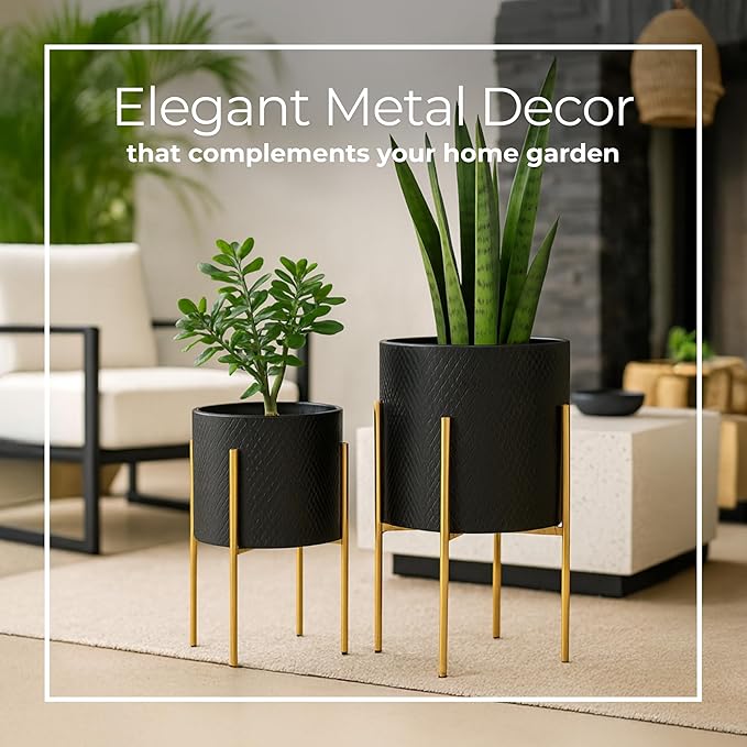 Set of 2 Metal Decorative Planter Pot with Gold Stand – Outdoor & Indoor Plant Pot with Embossed Textured Finish – Modern Garden & Home Decor Iron Planters – 23" & 19", Black