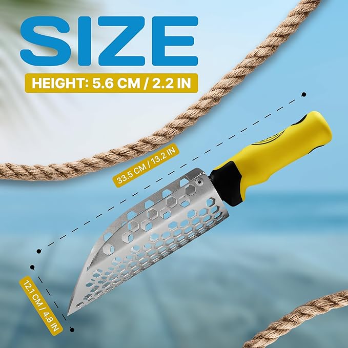 CKG Hand Sand Scoop for Metal Detecting with Ergonomic Yellow Handle, Metal Detecting Shovel for Beach Sand Sifter, Heavy Duty Stainless Steel, Perfect from Metal Detector Accessories