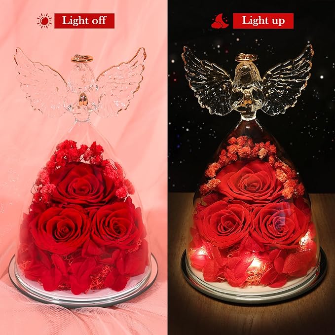 Preserved Flower Rose Gifts for Women, Forever Eternal Fresh Flowers in Glass Angel Figurines Flowers for Delivery Prime Red Roses for Grandma Mom Sister Her Wife on Mothers Day Birthday Christmas